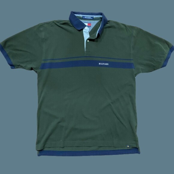 Tommy Hilfiger Vintage 90s Hunter Green Navy Cotton Polo Shirt Men's Extra Large - Picture 1 of 8